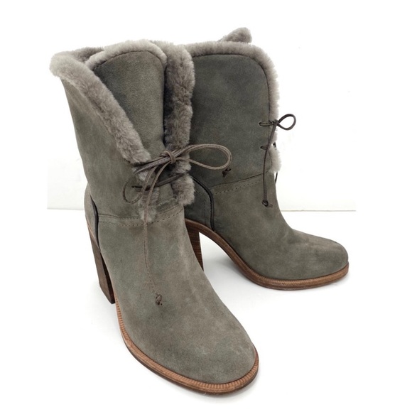 Ugg Jerene Suede Sheepskin Lined Block Heel Boot in Gray S/N 1019692 - Picture 11 of 12